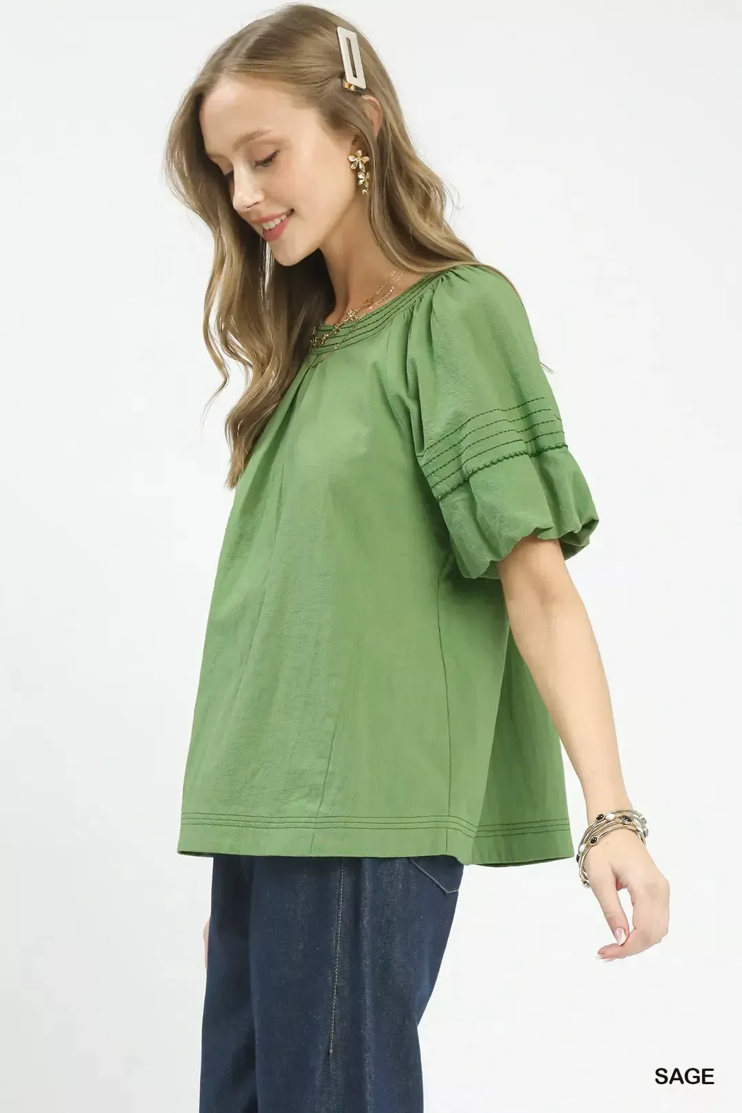 Umgee Round Neck Puff Sleeve Top with Contrast Stitch Detail sold by Charming Charlie product image thumbnail 2