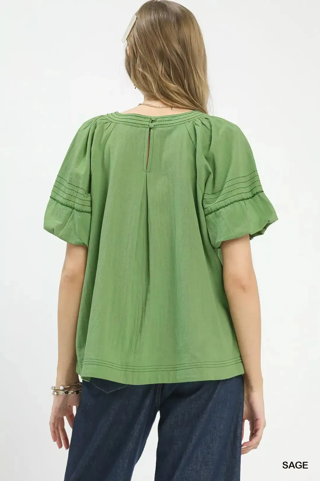Umgee Round Neck Puff Sleeve Top with Contrast Stitch Detail sold by Charming Charlie product image thumbnail 3