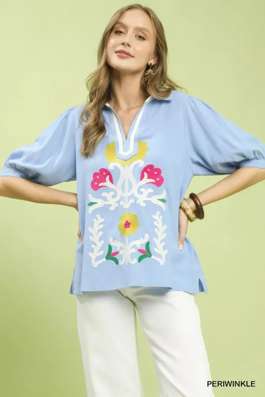 Umgee Mixed Media V-Neck Print Blouse made by Trendsi