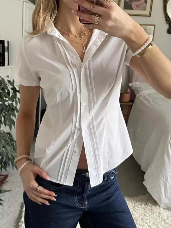 Button Dwon Pleated Short Sleeve Shirt made by Trendsi