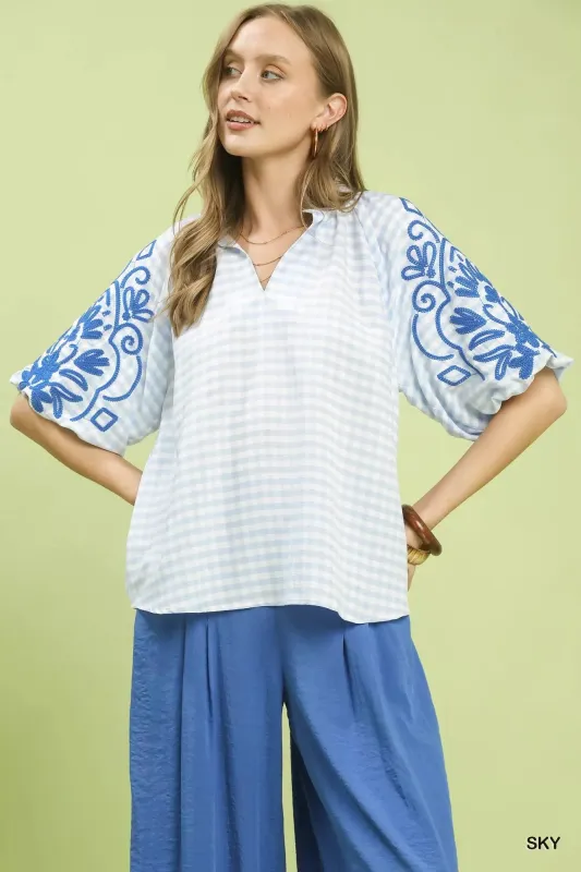Umgee Gingham Embroidered Balloon Sleeve Top sold by Charming Charlie