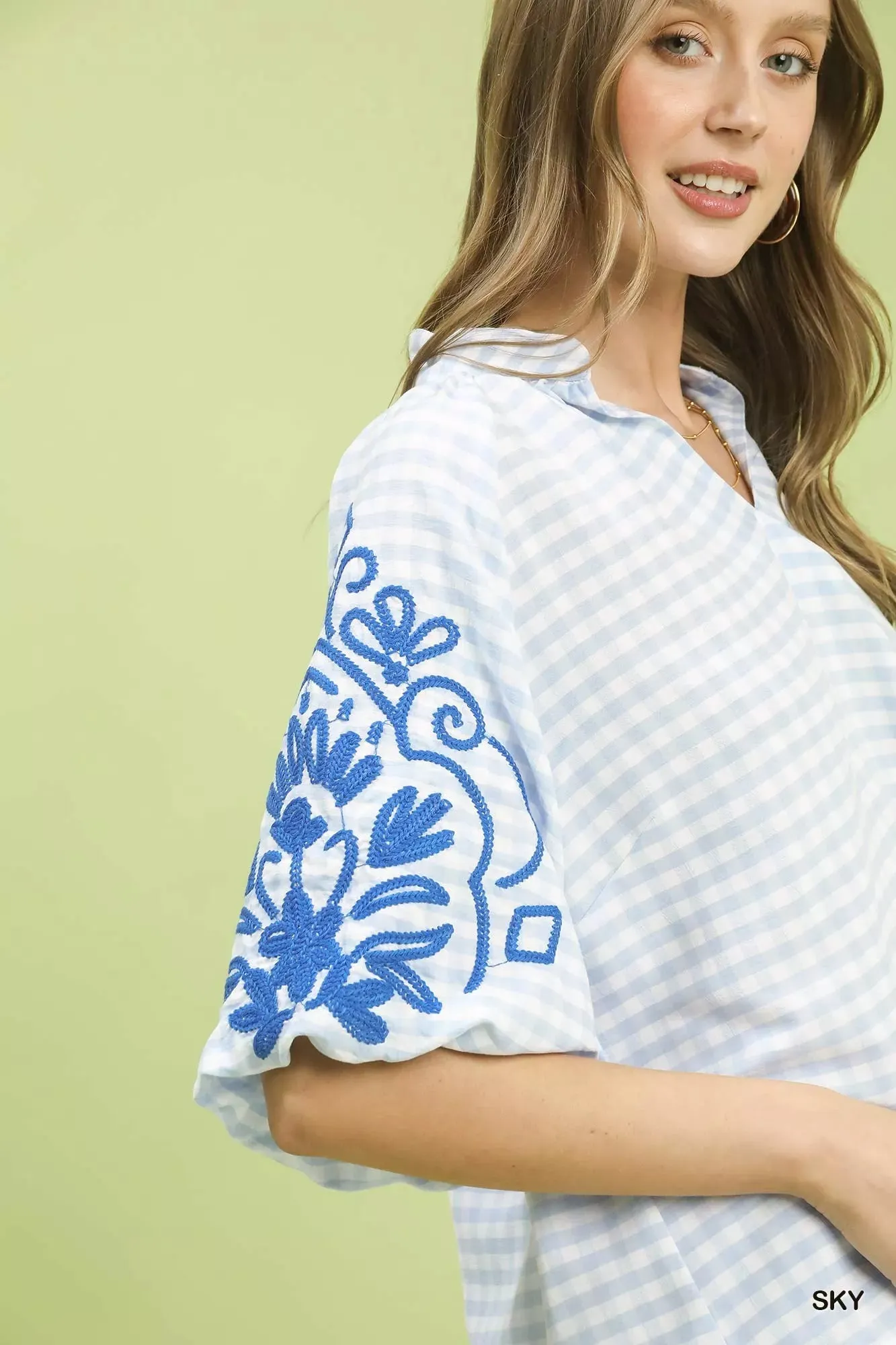 Umgee Gingham Embroidered Balloon Sleeve Top sold by Charming Charlie product image thumbnail 5