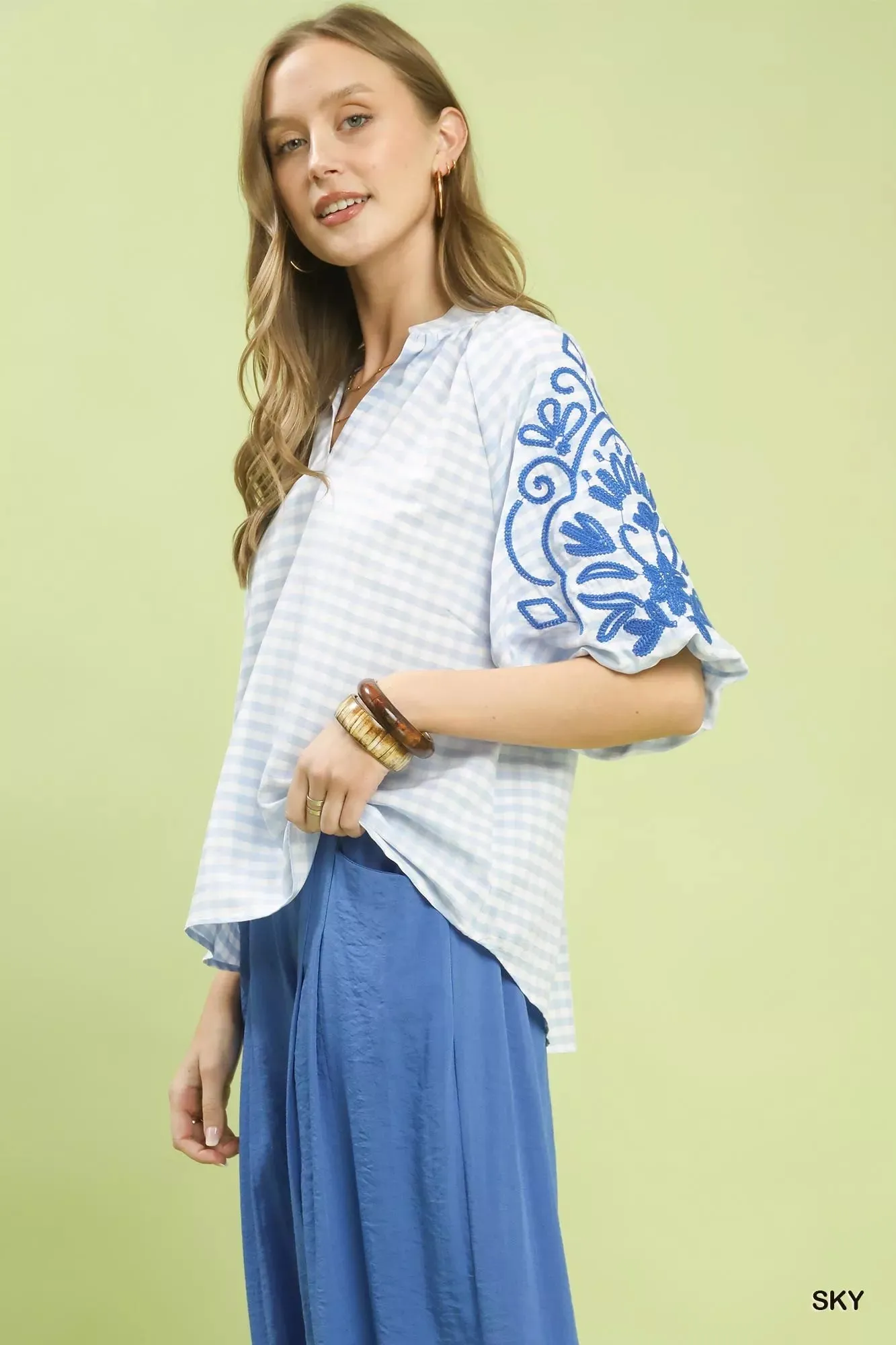 Umgee Gingham Embroidered Balloon Sleeve Top sold by Charming Charlie product image thumbnail 2