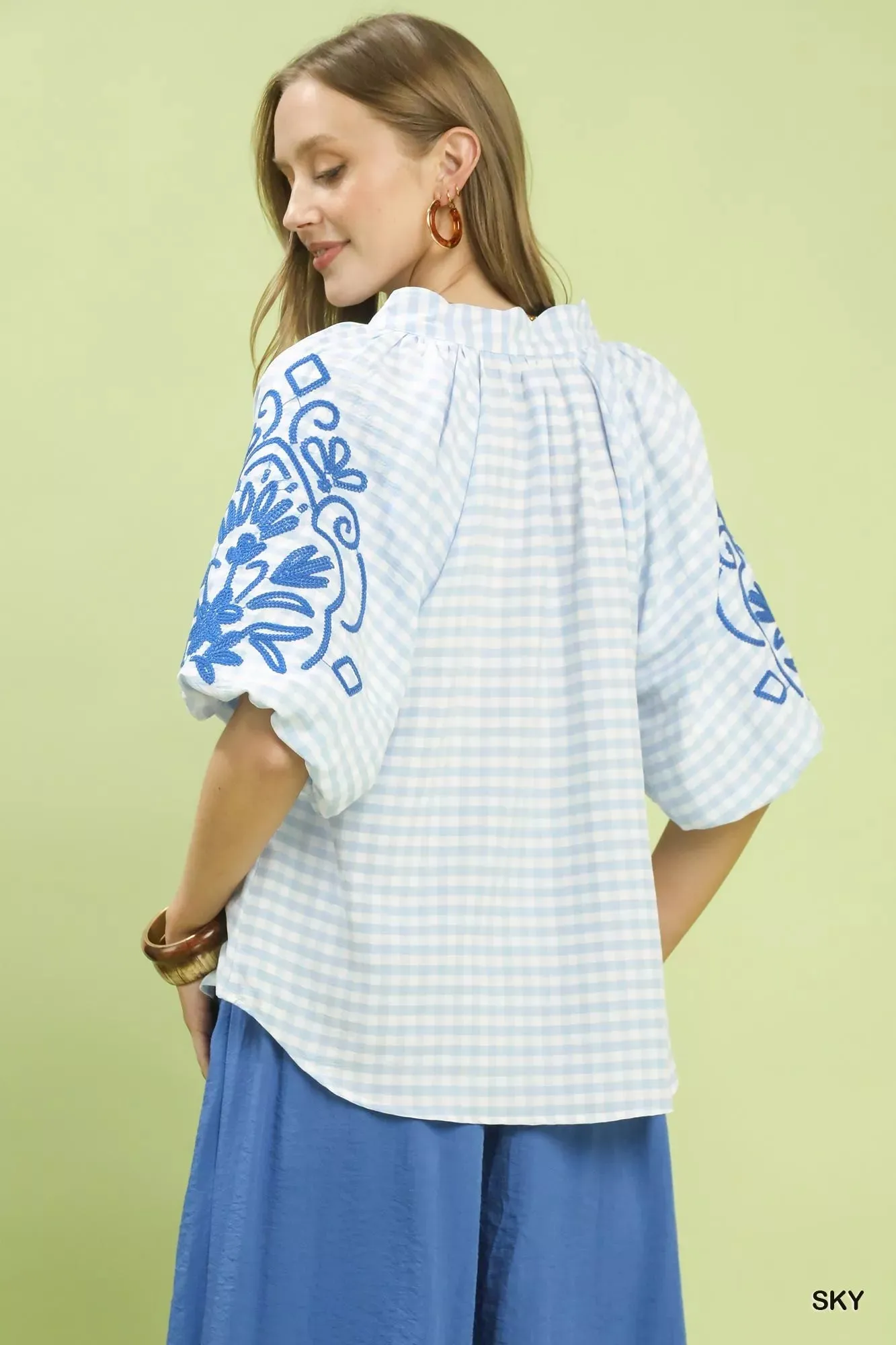 Umgee Gingham Embroidered Balloon Sleeve Top sold by Charming Charlie product image thumbnail 3