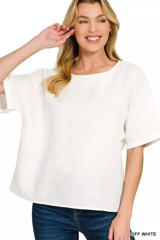 Zenana Linen Round Neck Cuffed Sleeve Top sold by Charming Charlie