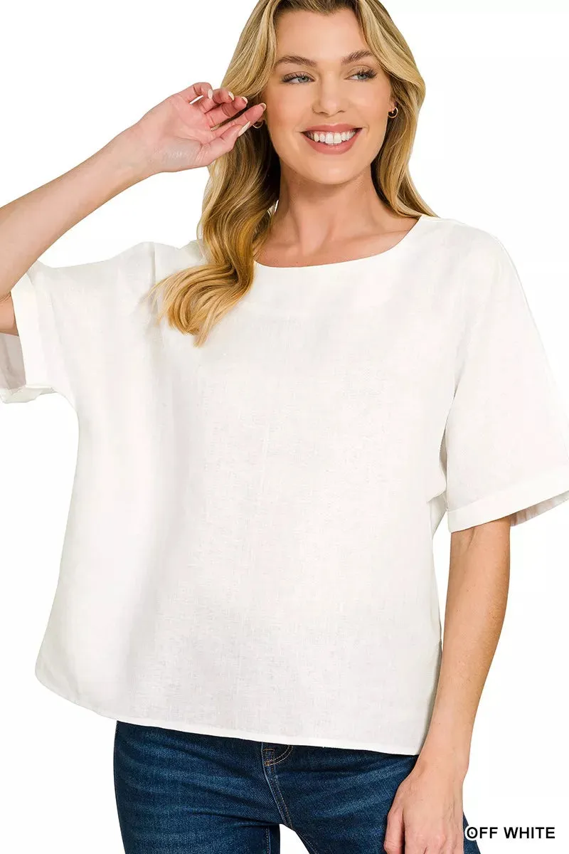 Zenana Linen Round Neck Cuffed Sleeve Top sold by Charming Charlie