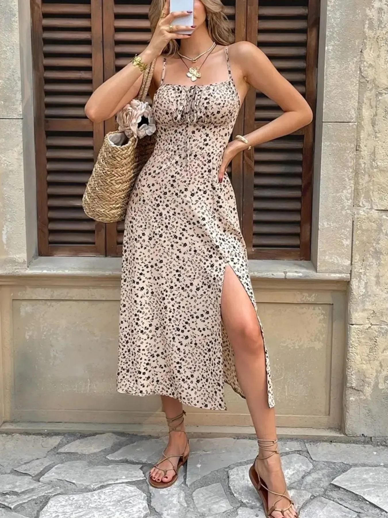 Spaghetti Strap Ditsy Floral High Slit Midi Dress sold by Charming Charlie