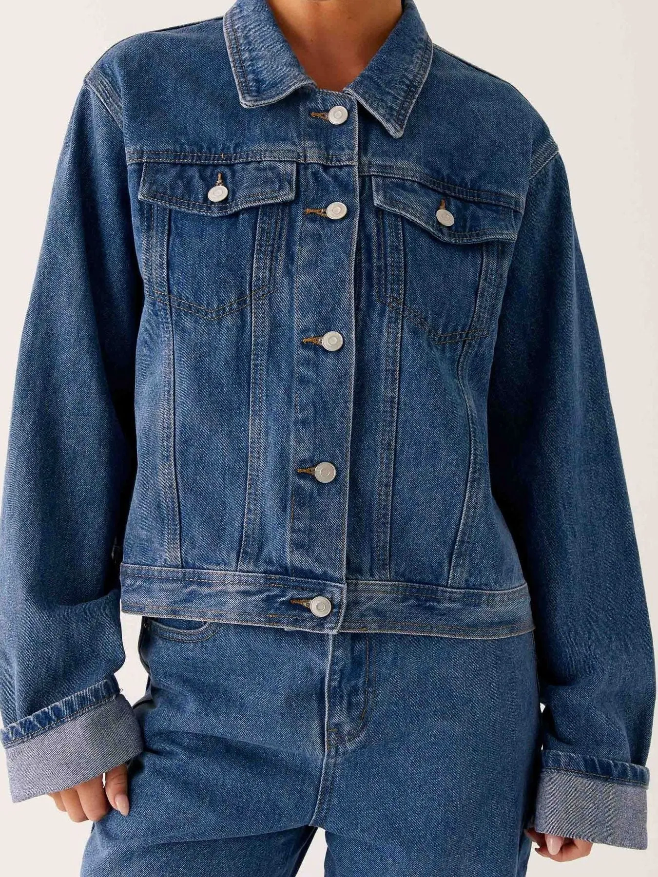 Button Down Cropped Oversized Denim Jacket sold by Charming Charlie product image thumbnail 3