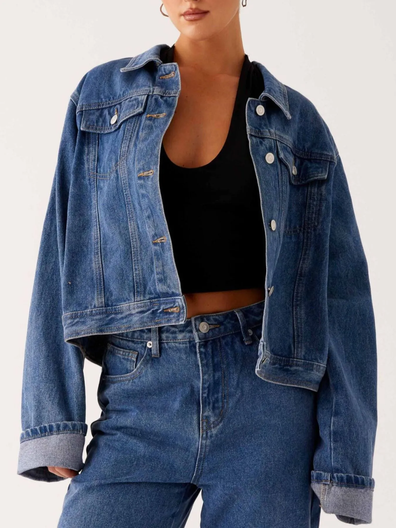 Button Down Cropped Oversized Denim Jacket sold by Charming Charlie