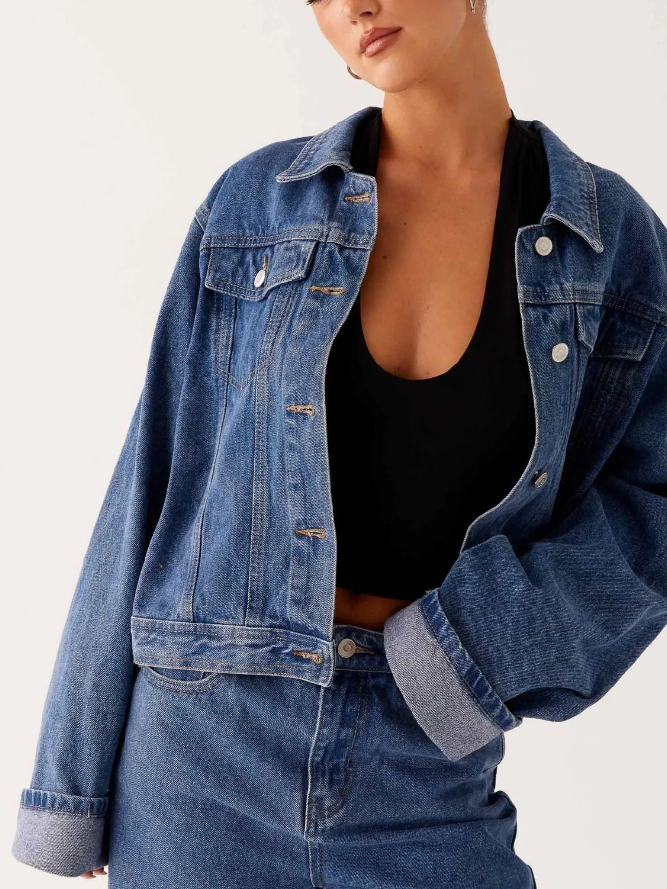 Button Down Cropped Oversized Denim Jacket sold by Charming Charlie product image thumbnail 2