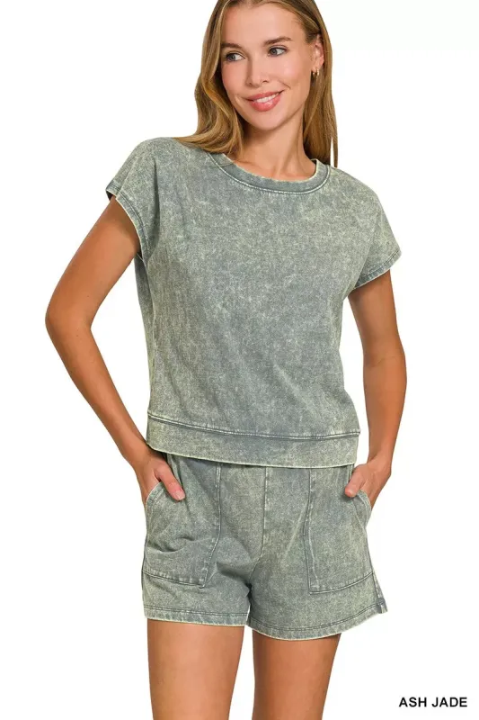 Zenana Premium Cotton Washed Sleeveless Top & Shorts Set made by Trendsi
