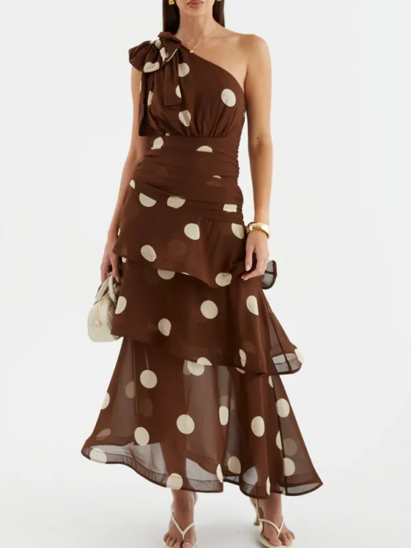Polka Dot One-Shoulder Ruffle Dress sold by Charming Charlie