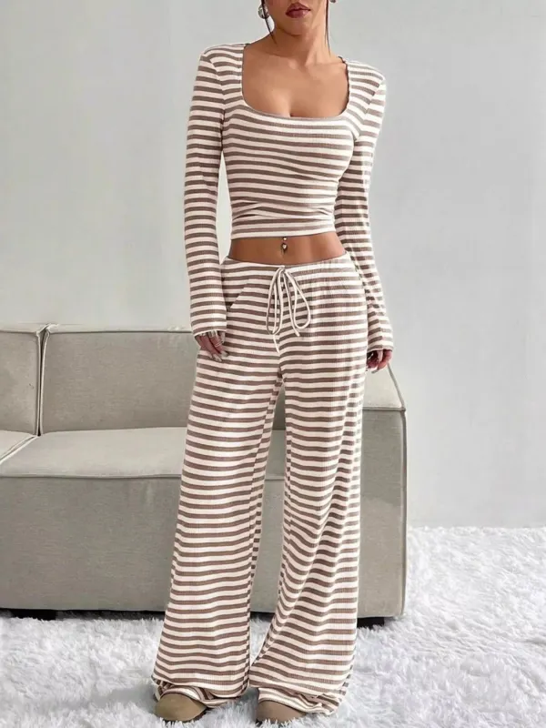 Striped Long Sleeve Crop Top & Wide Leg Pants Set made by Trendsi