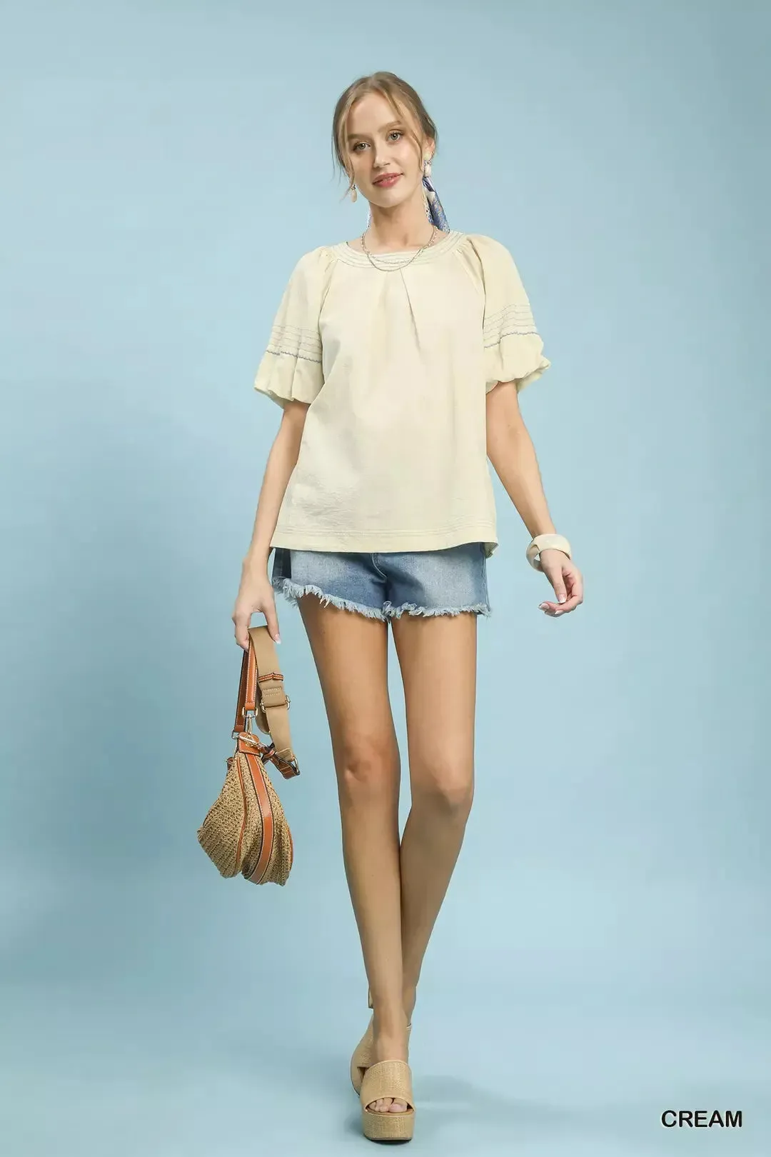 Umgee Round Neck Puff Sleeve Top with Contrast Stitch Detail sold by Charming Charlie product image thumbnail 5