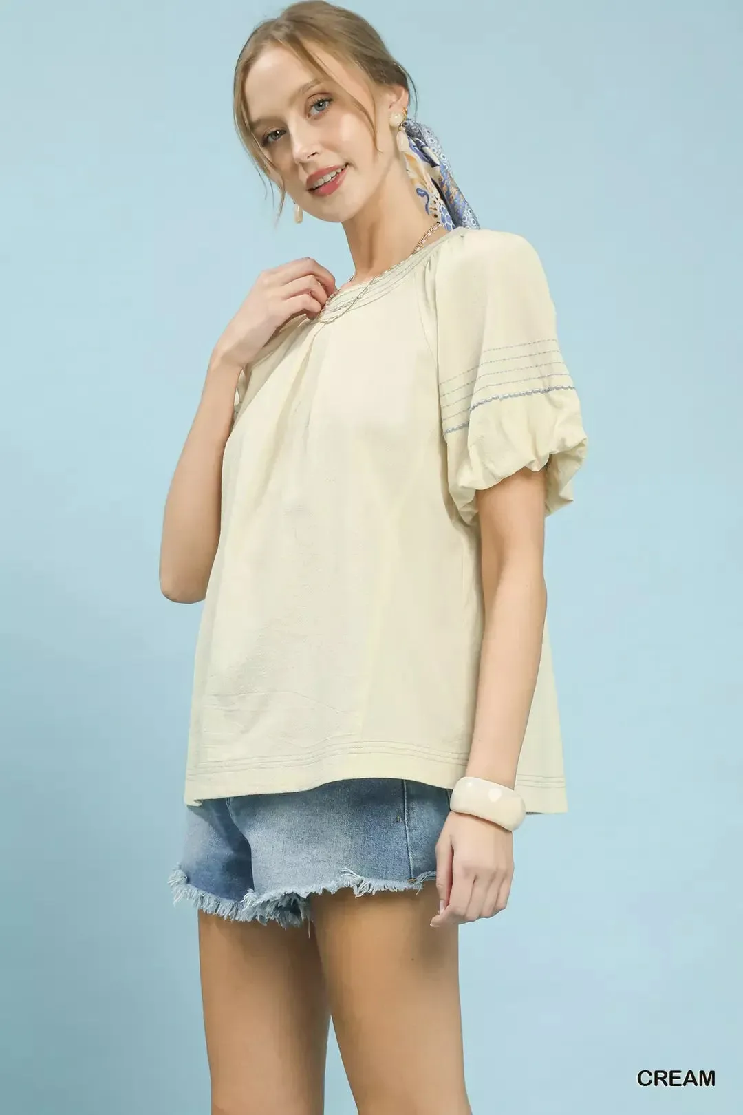 Umgee Round Neck Puff Sleeve Top with Contrast Stitch Detail sold by Charming Charlie product image thumbnail 2