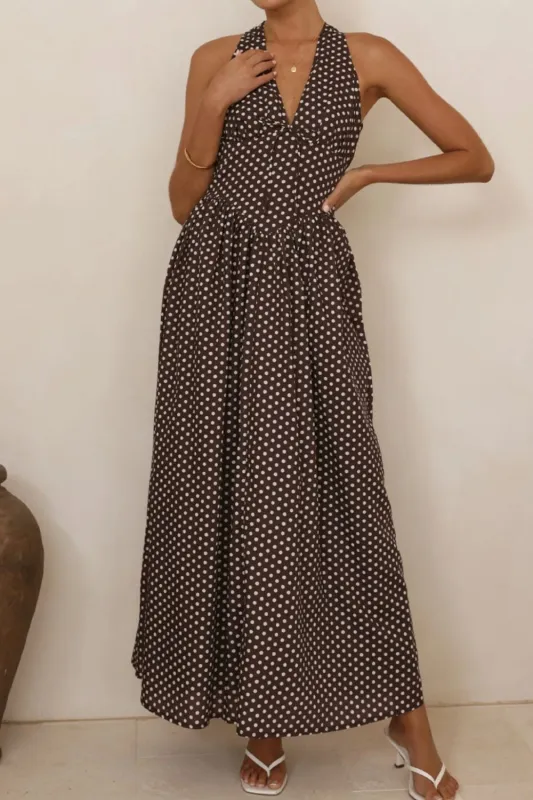 Backless Polka Dot Halter Neck Maxi Dress sold by Charming Charlie