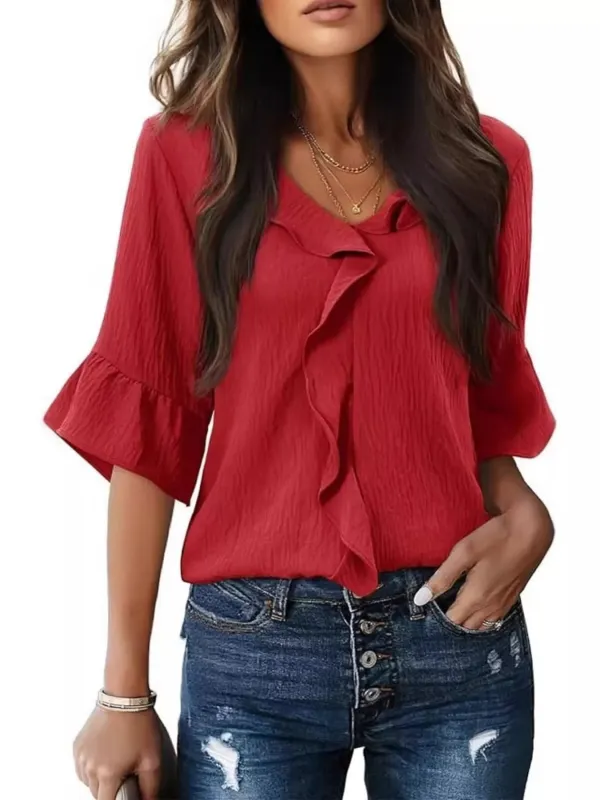 Ruffled V-Neck Bell Sleeve Blouse sold by Charming Charlie