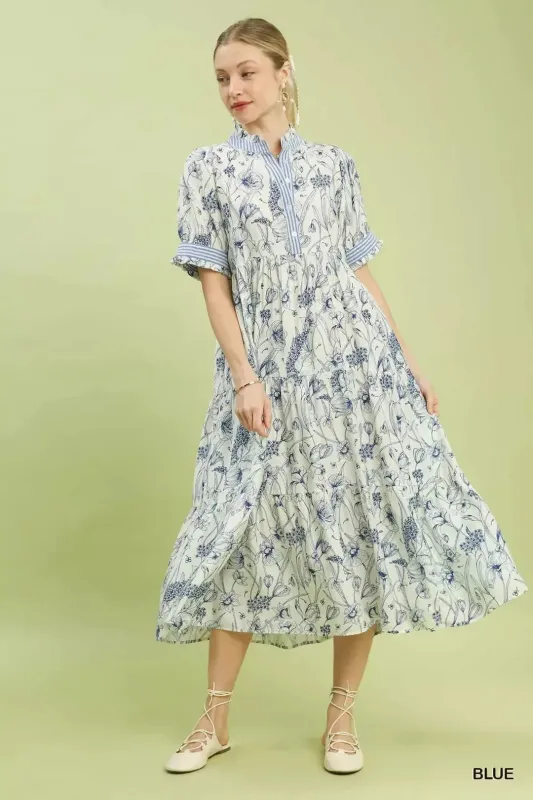 Umgee Floral Tiered Midi Dress with Ruffle Trim sold by Charming Charlie