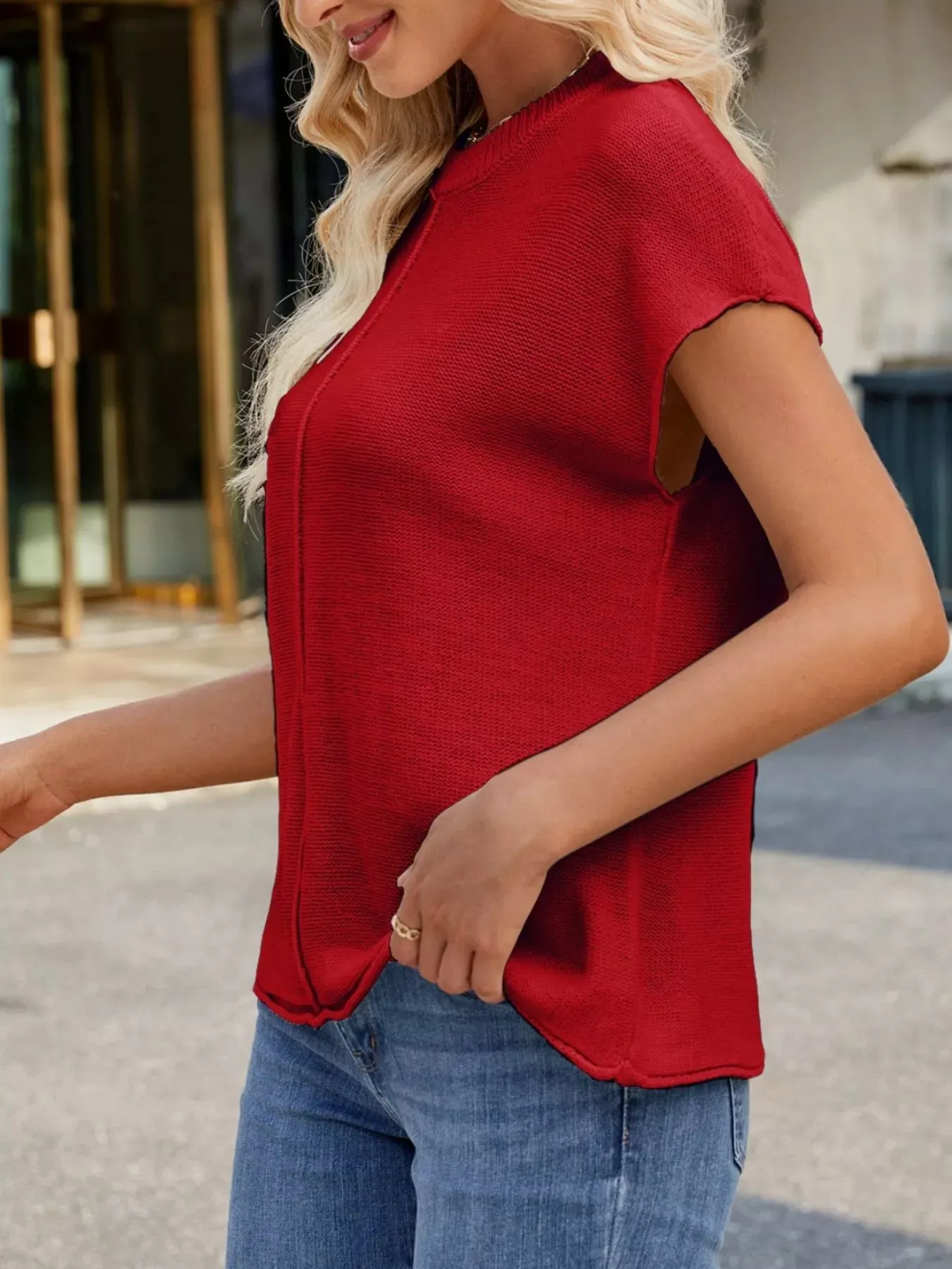 Round Neck Short Sleeve Knit Top with Center Seam Detail sold by Charming Charlie product image thumbnail 4