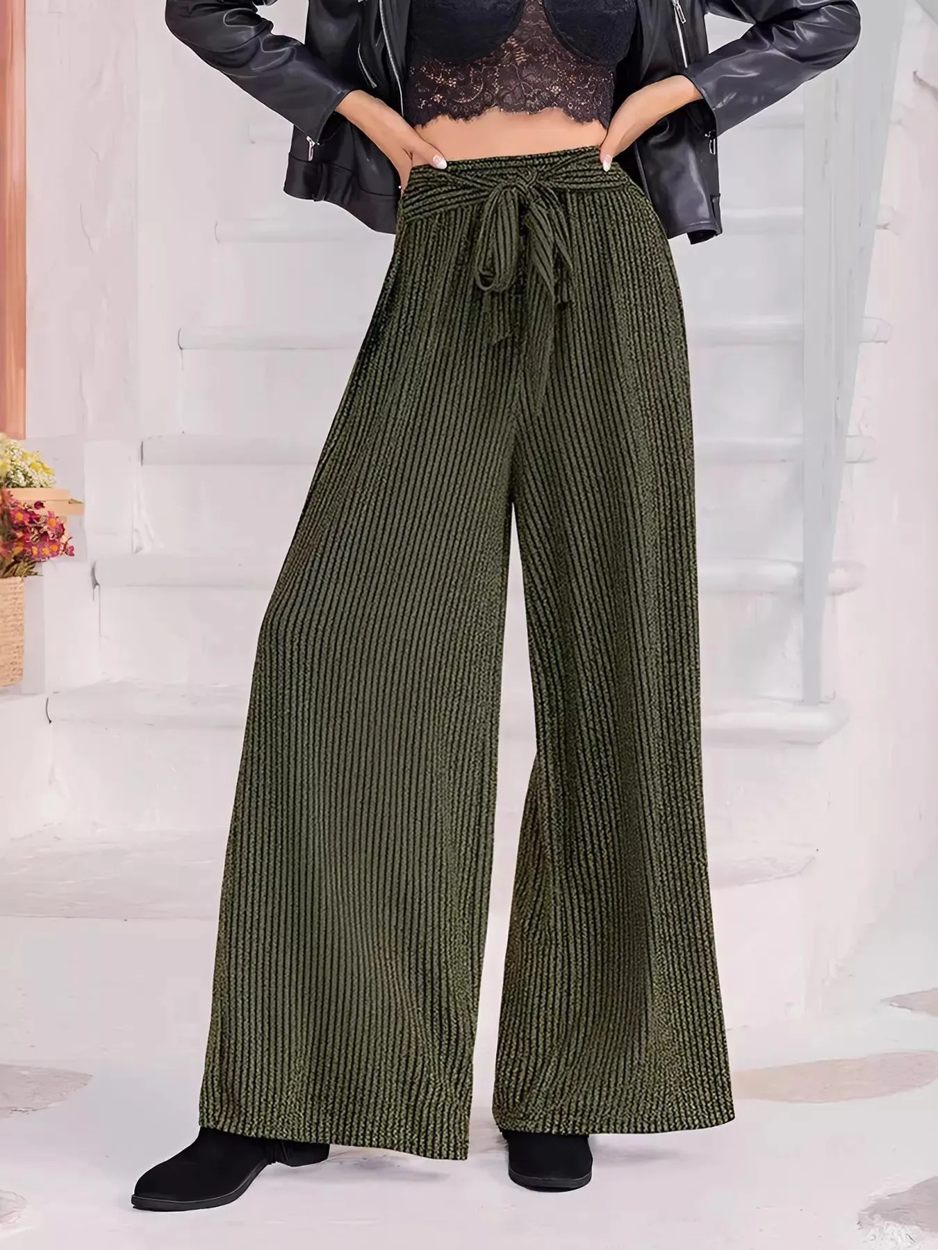 Striped High Waist Tie Wide Leg Pants sold by Charming Charlie