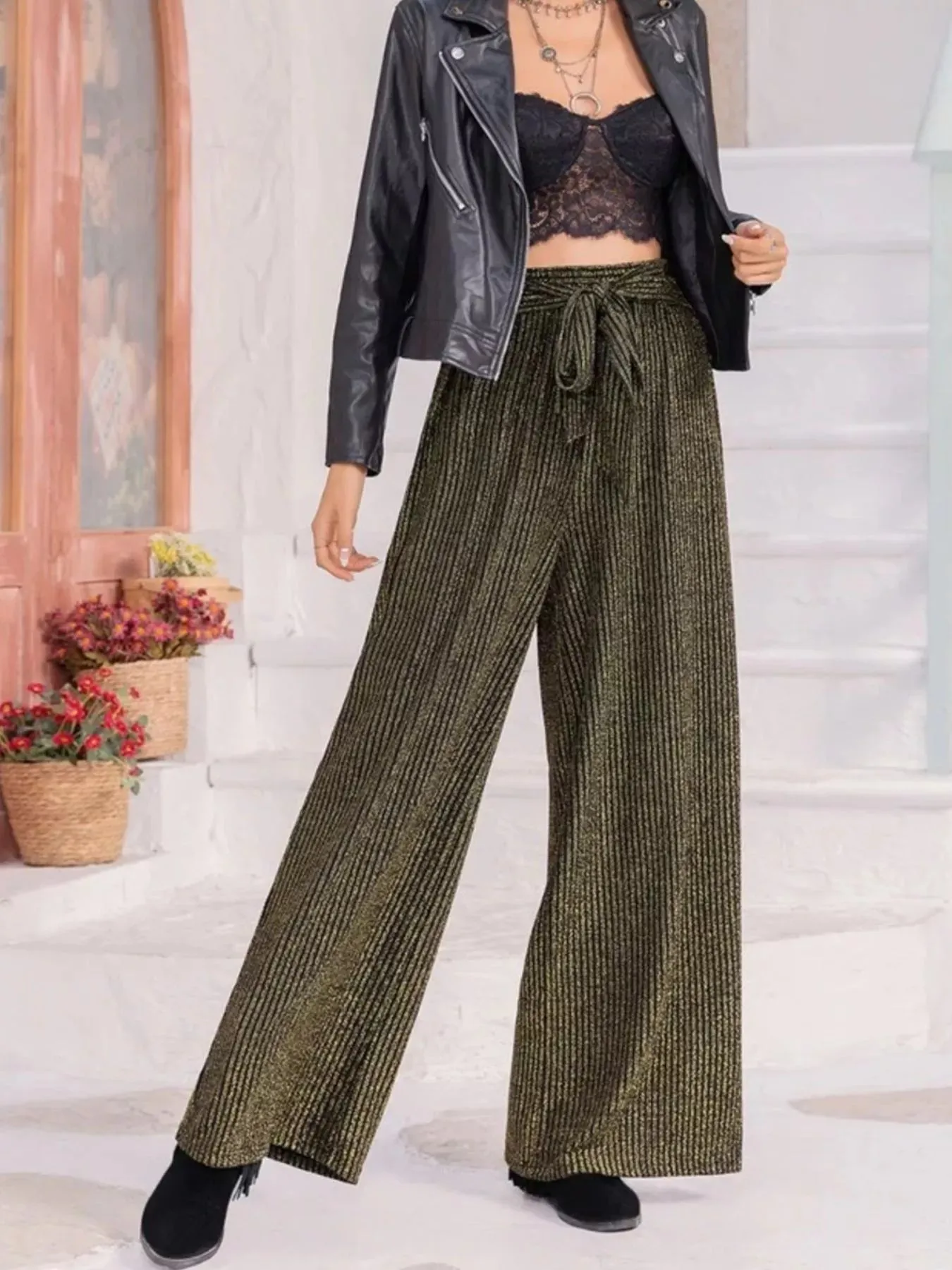 Striped High Waist Tie Wide Leg Pants sold by Charming Charlie product image thumbnail 5