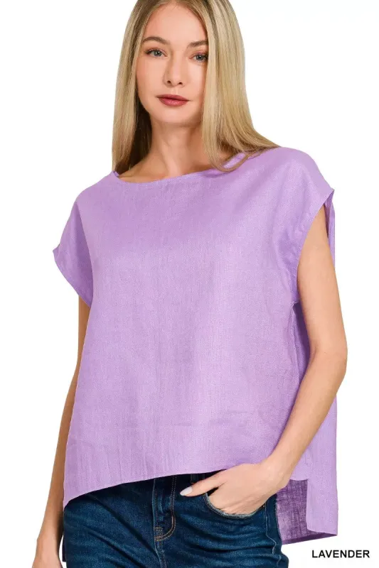 Zenana Linen Round Neck Cap Sleeve Top made by Trendsi