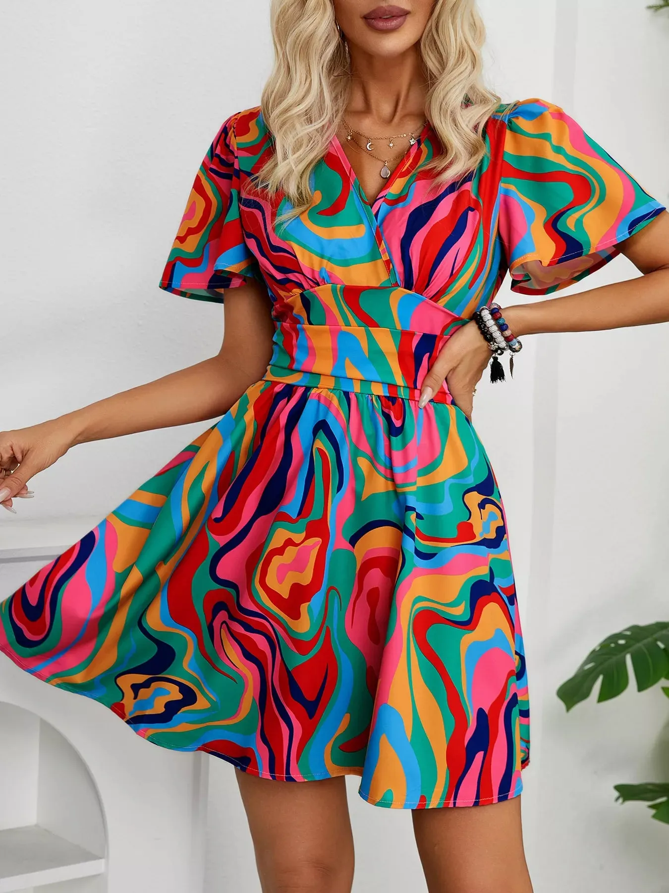 Colorful Print Short Sleeve Mini Dress sold by Charming Charlie