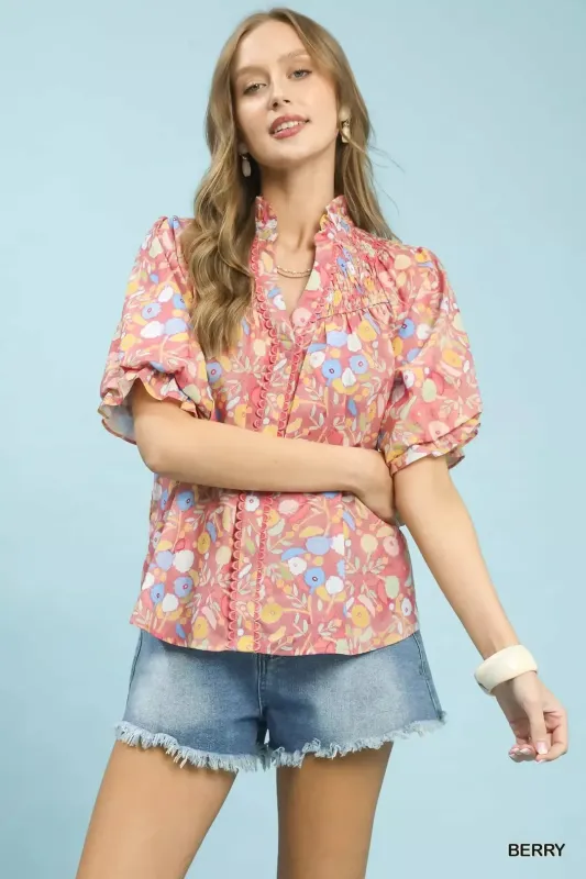 Umgee Smocked Floral Ruffle Trim Top sold by Charming Charlie