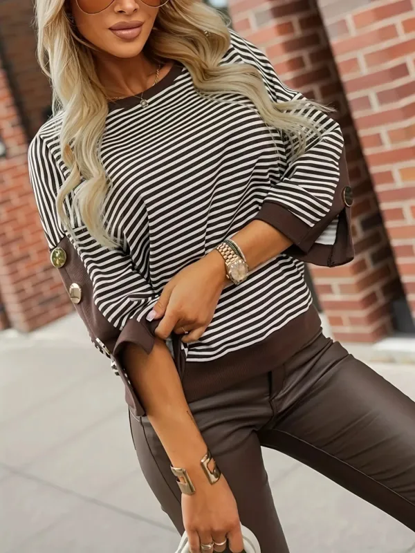 Striped Button Decor Dropped Shoulder Sweatshirt sold by Charming Charlie