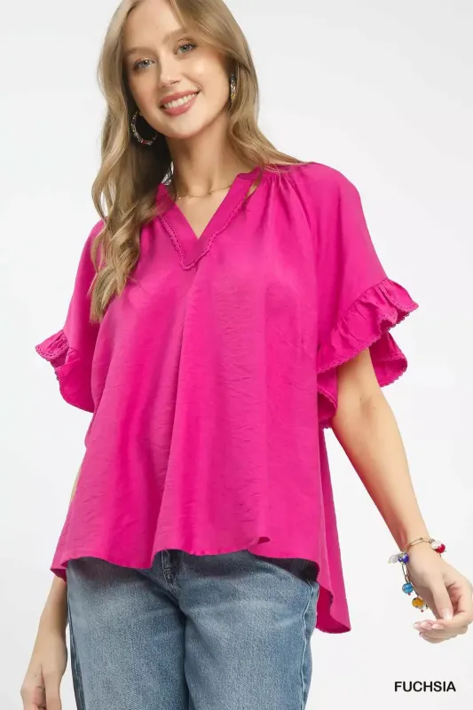 Umgee Ruffle Sleeve V-Neck Flutter Blouse made by Trendsi