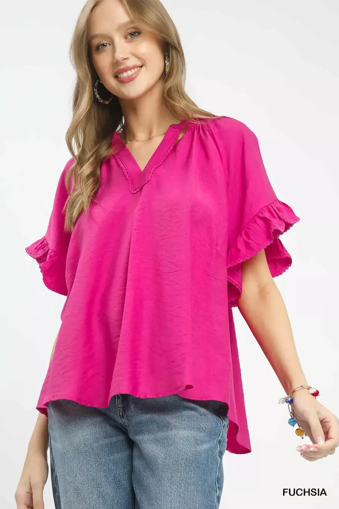 Umgee Ruffle Sleeve V-Neck Flutter Blouse sold by Charming Charlie