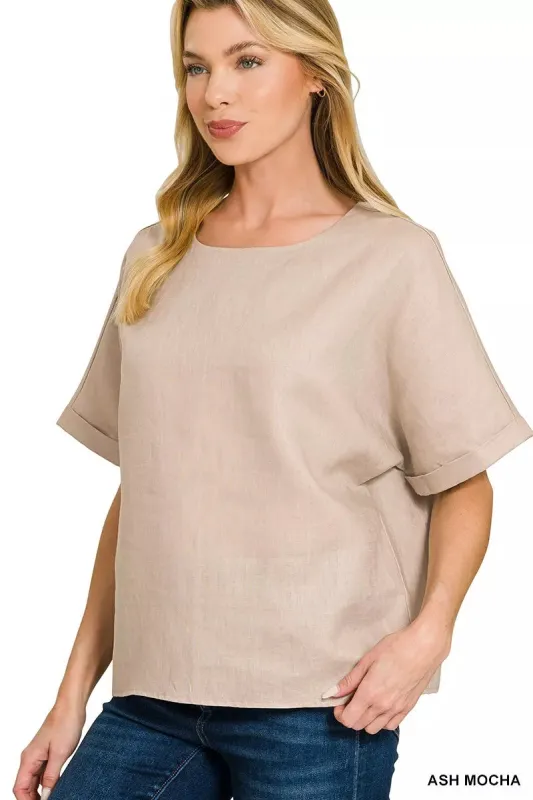Zenana Linen Round Neck Cuffed Sleeve Top made by Trendsi