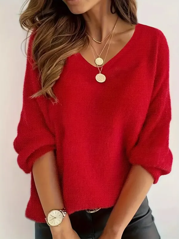 V-Neck Dropped Shoulder Sweater made by Trendsi