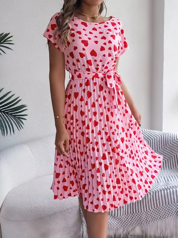 Heart Print Belted Pleated Midi Dress made by Trendsi