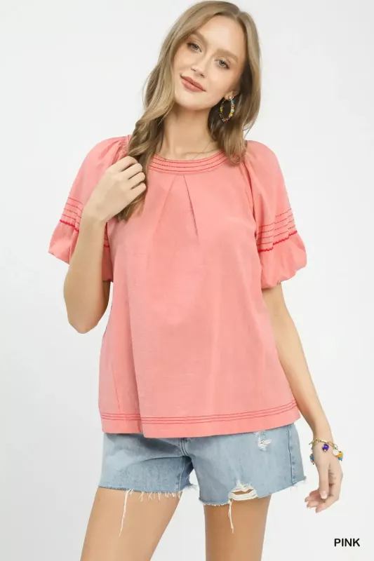 Umgee Round Neck Puff Sleeve Top with Contrast Stitch Detail made by Trendsi