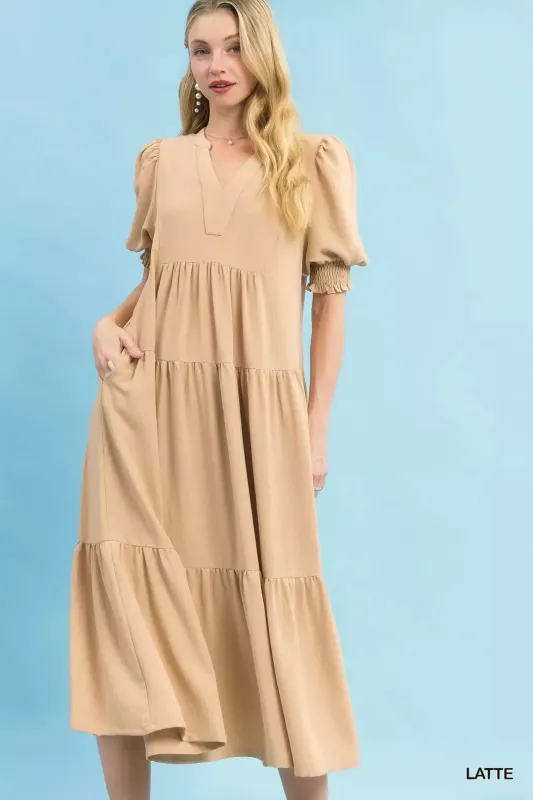 Umgee V-Neck Puff Sleeve Tiered Midi Dress sold by Charming Charlie