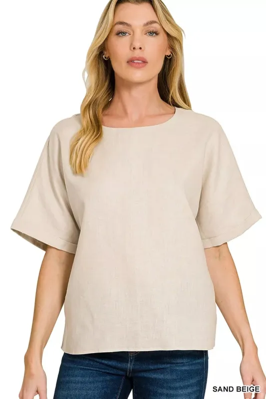 Zenana Linen Round Neck Cuffed Sleeve Top made by Trendsi