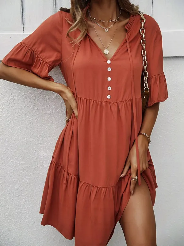 Boho Ruffle Sleeve Button Down Tiered Mini Dress made by Trendsi