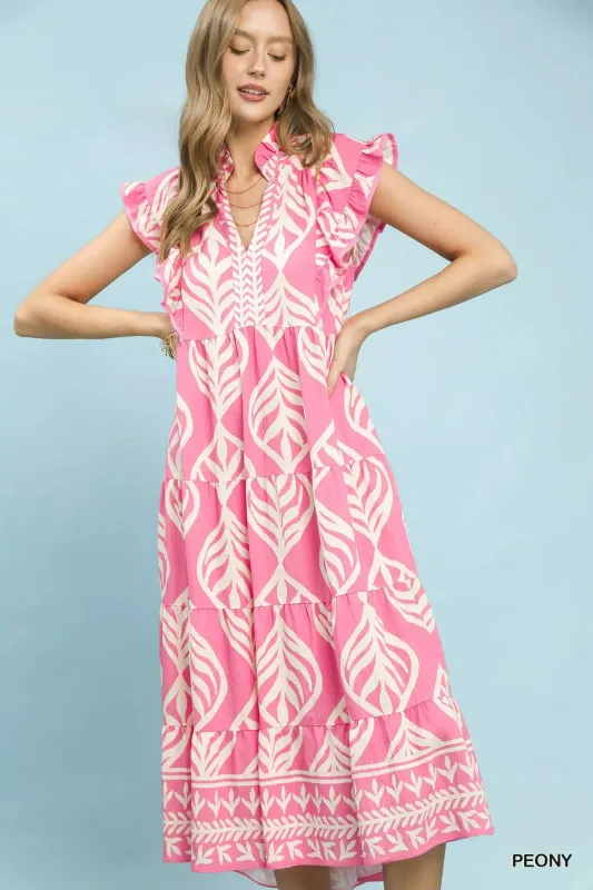 Umgee Leaf Print Tiered Maxi Dress with Pockets made by Trendsi
