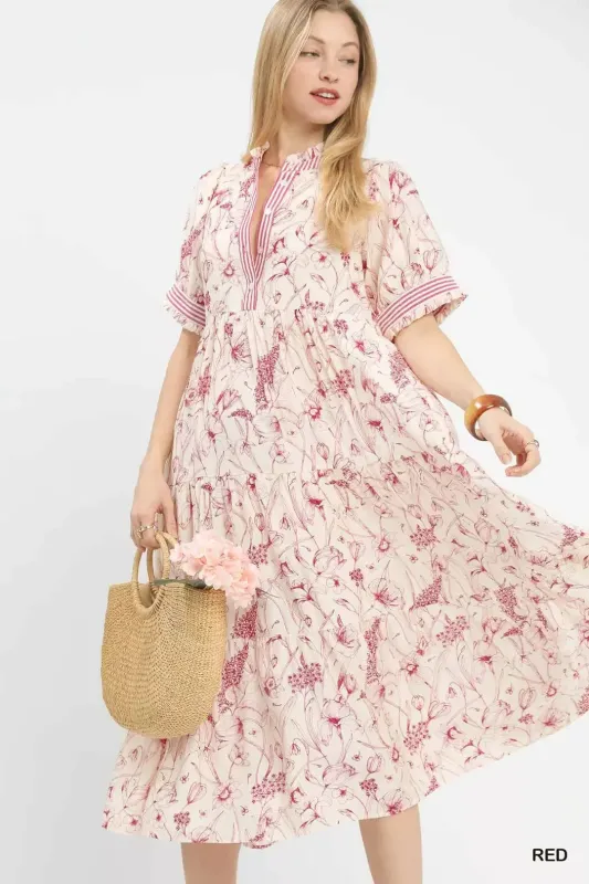 Umgee Floral Tiered Midi Dress with Ruffle Trim sold by Charming Charlie