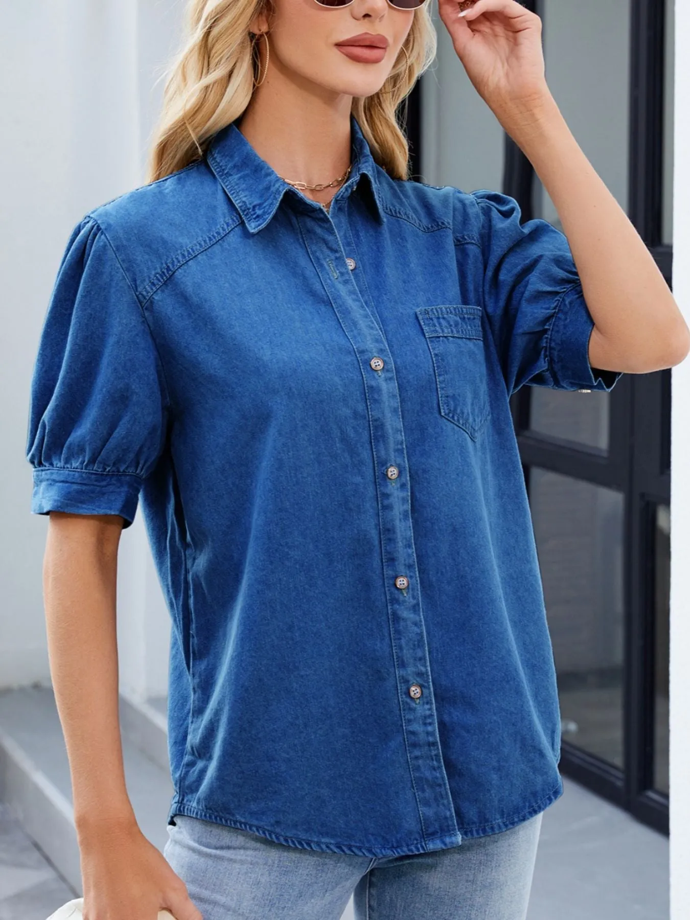 Puff Sleeve Button-Down Denim Shirt sold by Charming Charlie product image thumbnail 2