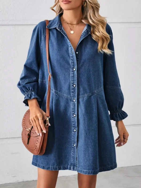 Button Down Ruffle Cuff Denim Dress sold by Charming Charlie