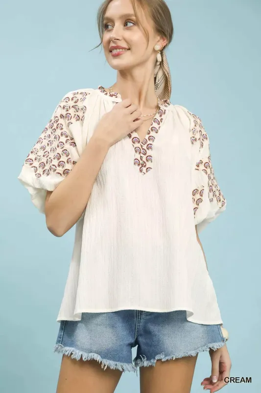 Umgee Embroidered Sleeve Contrast Trim Top made by Trendsi