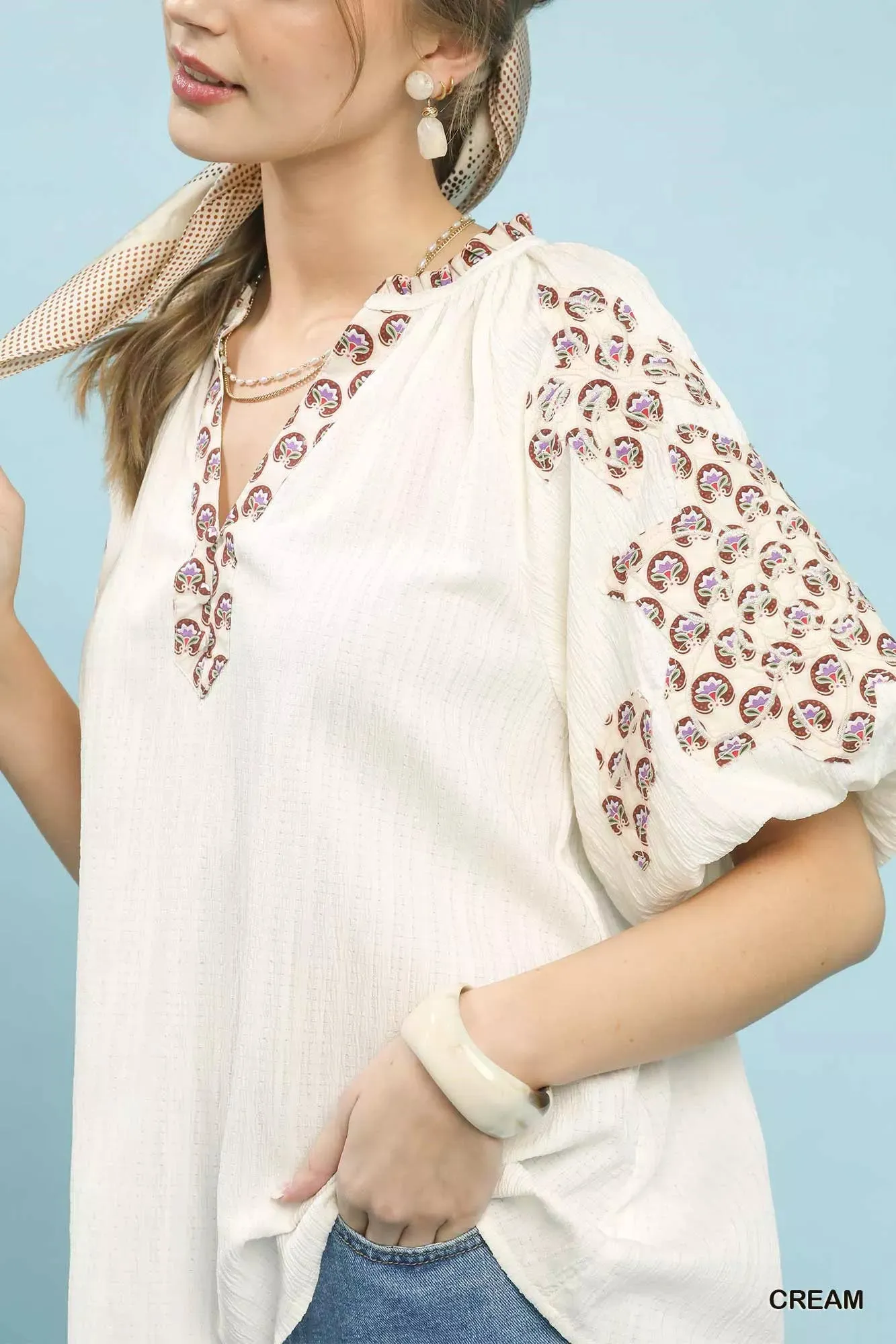 Umgee Embroidered Sleeve Contrast Trim Top sold by Charming Charlie product image thumbnail 5
