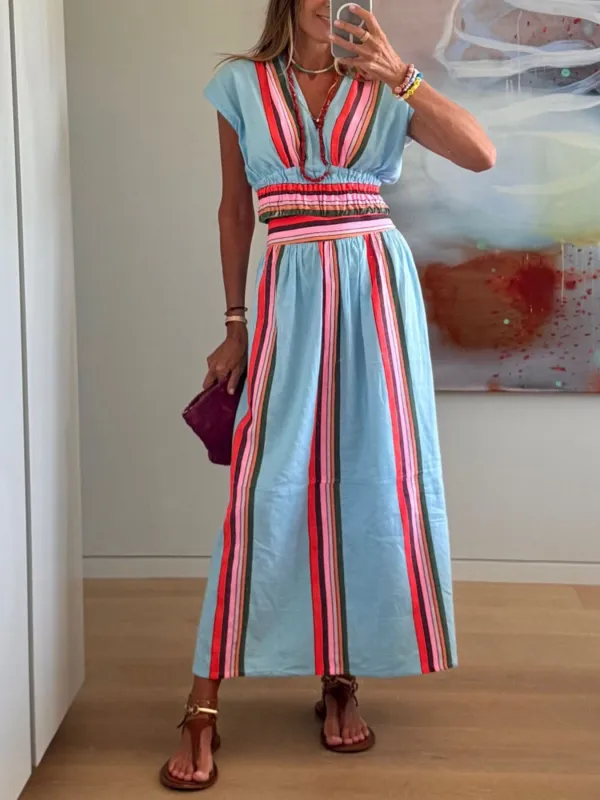 Striped Cap Sleeve Top and Skirt Set made by Trendsi