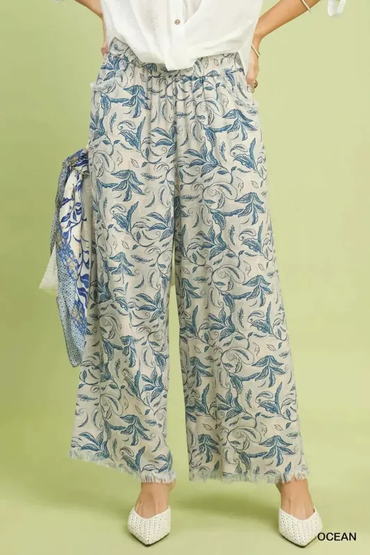 Umgee Linen Printed Wide Leg Raw Hem Pants sold by Charming Charlie