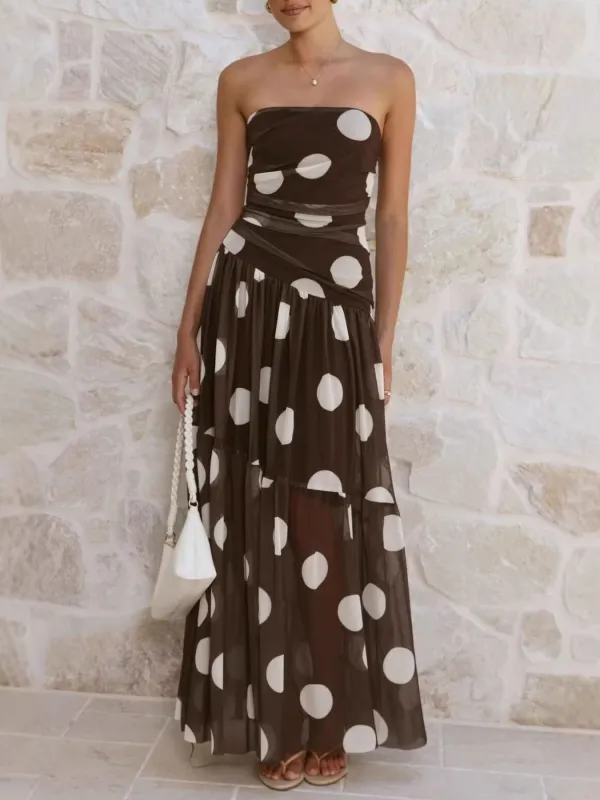Polka Dot Strapless Ruched Maxi Dress sold by Charming Charlie
