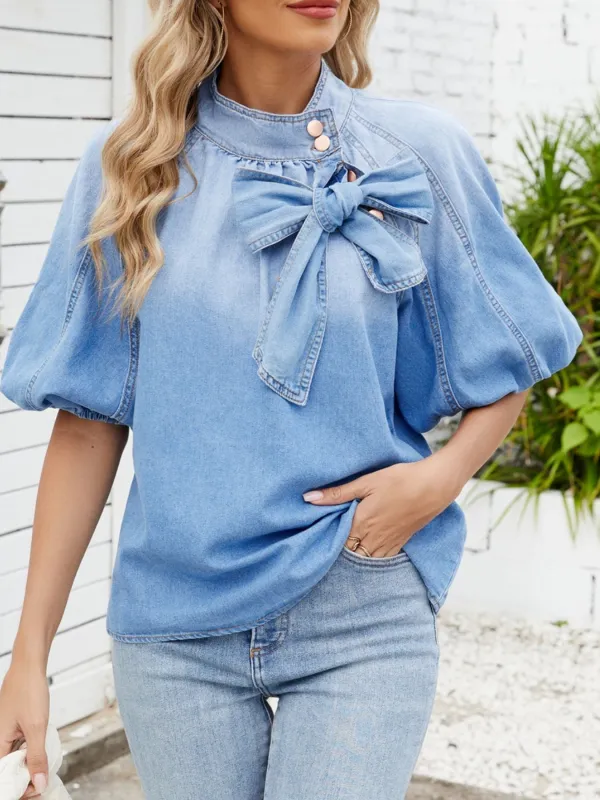 Bow Accent Puff Sleeve Denim Top sold by Charming Charlie
