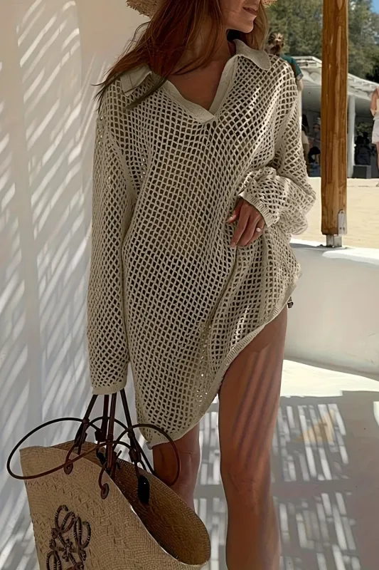 Collared Neck Openwork Crochet Knit Cover Up sold by Charming Charlie