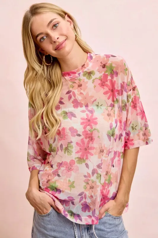 BiBi Floral Print Short Sleeves Boxy Mesh Top sold by Charming Charlie